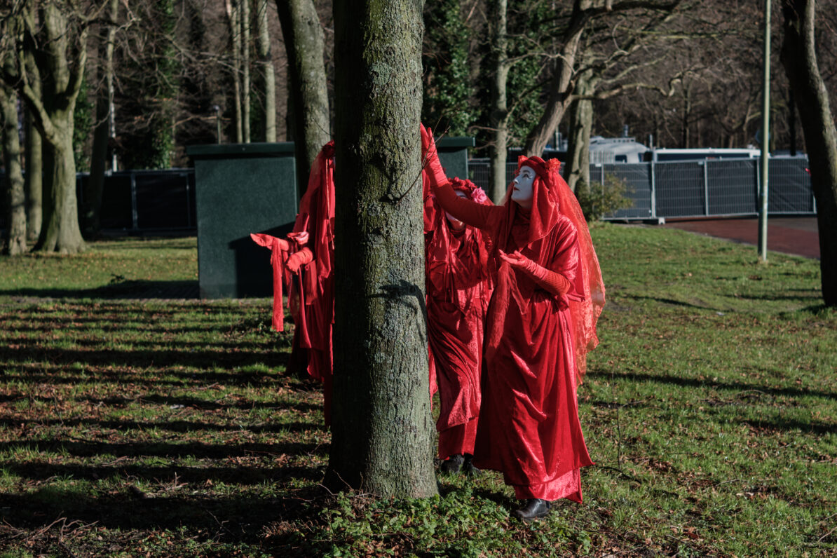 Mensen in rode gewaden, met witte gezichtsmaskers. Ze staan achter elkaar, rond een boom. Alleen het voorste masker is zichtbaar, en kijkt omhoog naar de boom. Handen geheven.